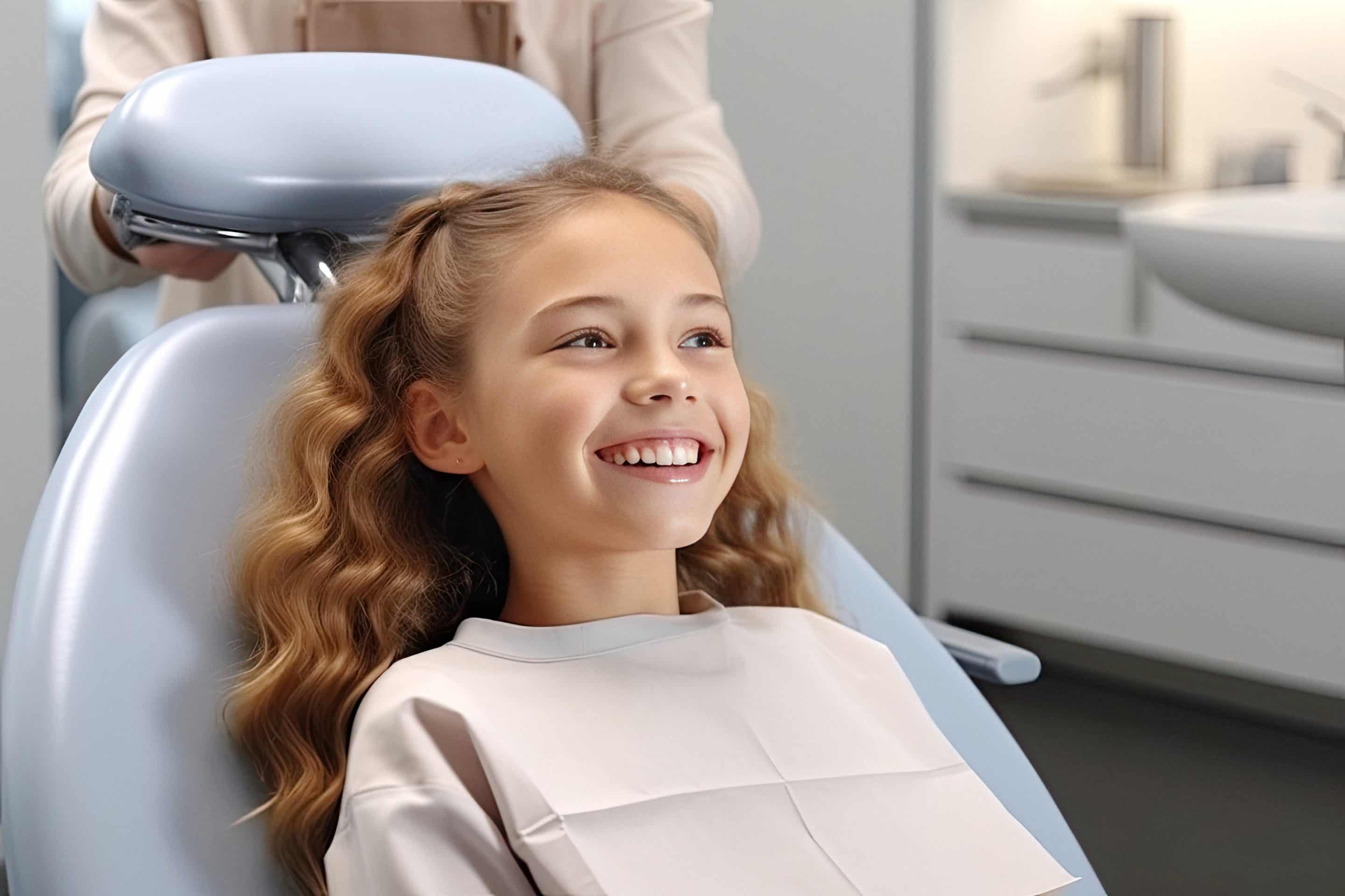 Girl smiling at the dentist while getting a dental sealant in Greenwood Village, CO
